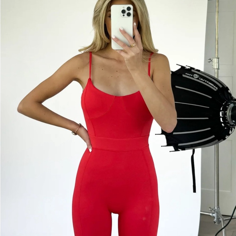 Yllw the Label - Mackenzie Belted Bodysuit, Red (Workout Jumpsuit)